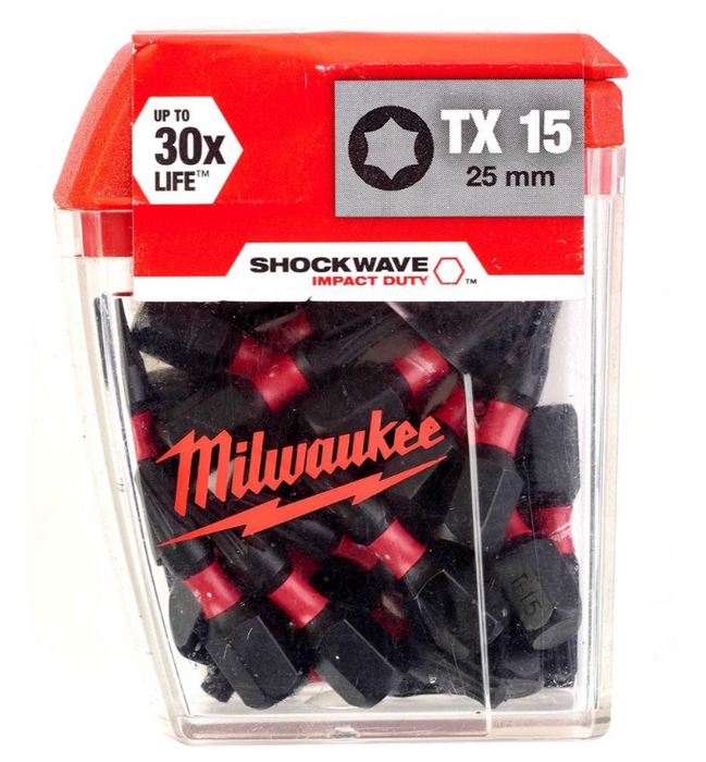 Milwaukee SHOCKWAVE TX15 25mm Impact Screwdriver Bit Box - Pack of 25 (4932430873)