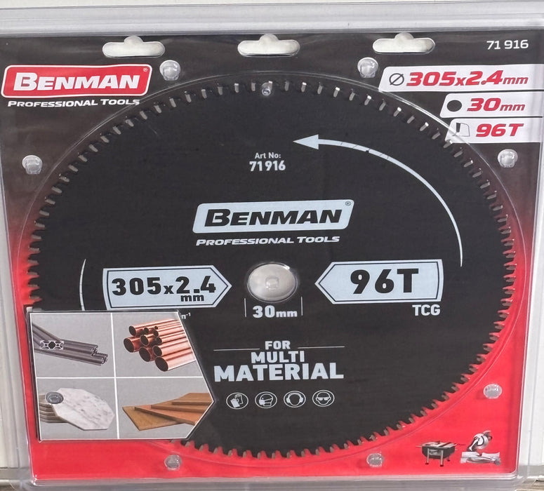 Benman 71916 Circular Saw Blade Multi Material For Table Saw & Miter Saw 305 X 2.4 mm/30 mm 96T