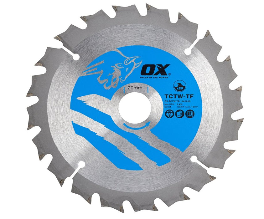 OX Wood Cutting Thin Kerf Circular Saw Blade 136/20mm, 20 Teeth